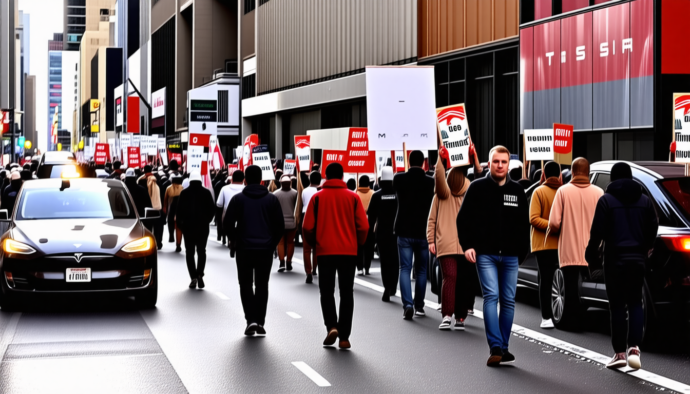 des manifestants se rassemblent à new york pour demander l'éviction d'elon musk, devant une boutique tesla, mettant en lumière des tensions croissantes autour de la direction de l'entreprise et de ses choix controversés.