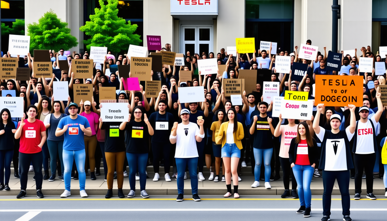 des manifestations massives se déroulent aux états-unis, appelant au départ d'elon musk et à la fin de dogecoin, devant les locaux de tesla. découvrez les enjeux et les réactions face à cette situation explosive qui soulève des questions sur l'influence de musk dans le monde des cryptomonnaies.